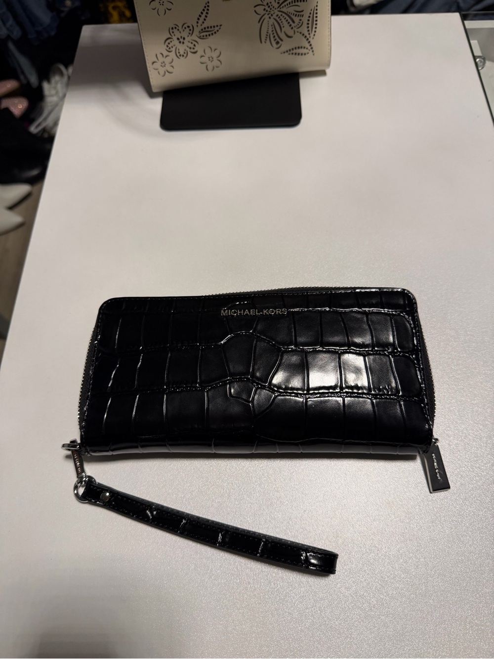 Michael Kors Black Croc-Embossed Zip Wristlet Wallet